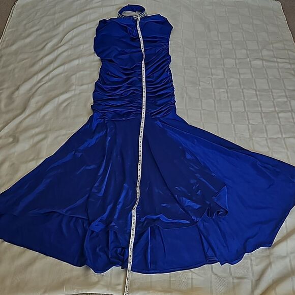 Jovani Rushed Halter Neckline With Faux Pearl Maxi Dress With Side Slit 12 Blue - Picture 14 of 16